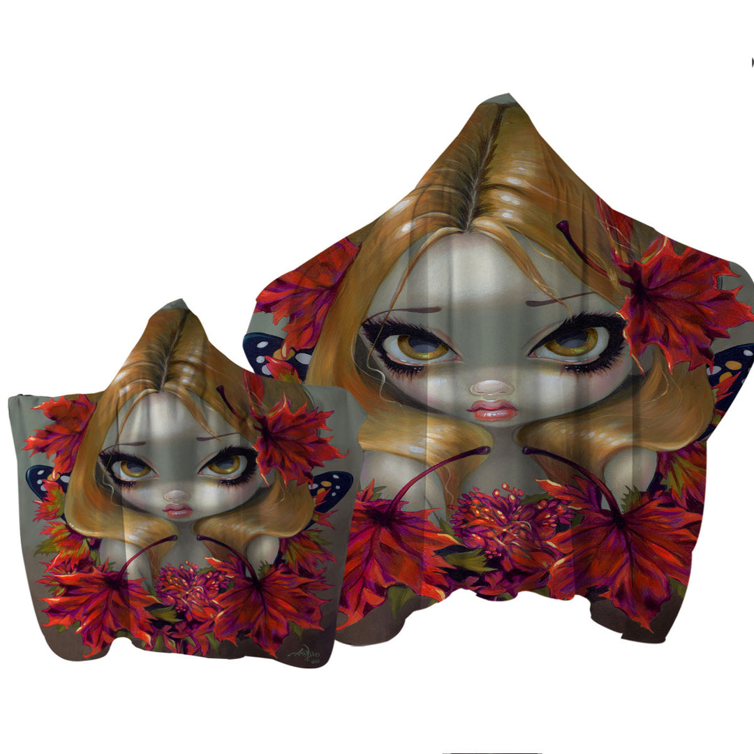 Towel with Hood with Big Eyed Fairy Portrait the Red Maple Leaves Fairy