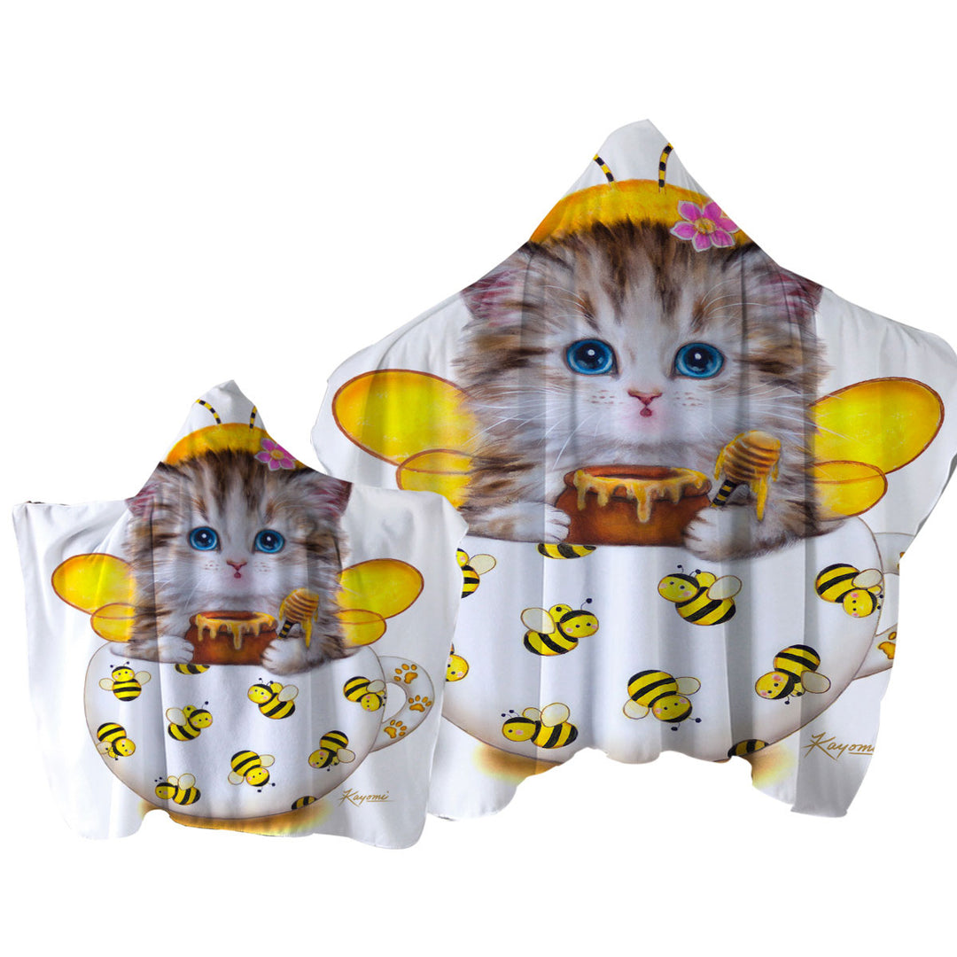 Towel with Hood with Cat Art Drawings the Cute Cup Kitty Bee