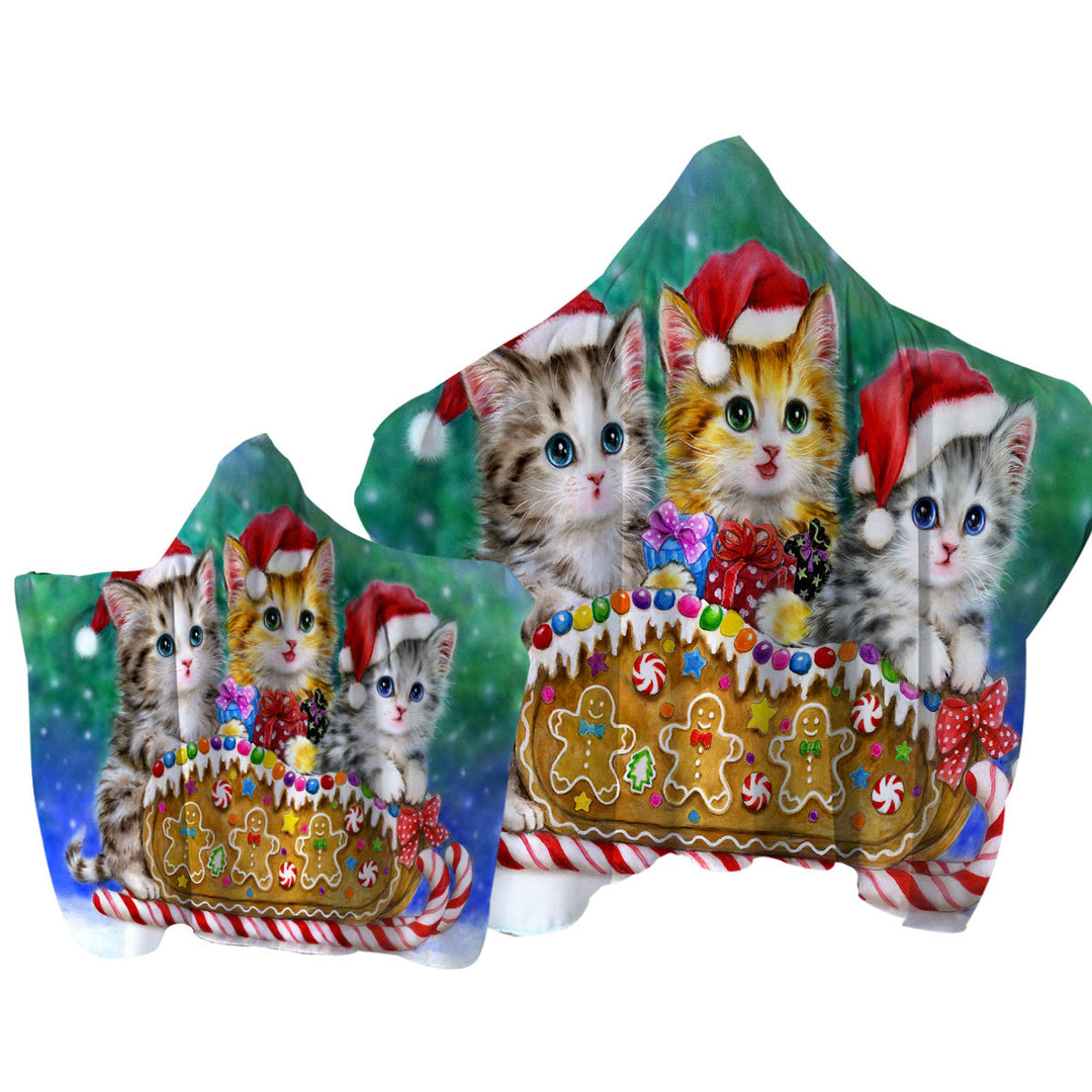 Towel with Hood with Christmas Cats Cute Gingerbread Sleigh Kittens