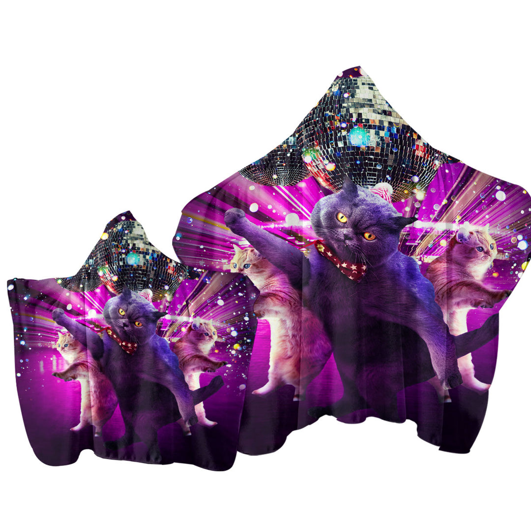 Towel with Hood with Crazy Funny Cats Cool Disco Cat Rave