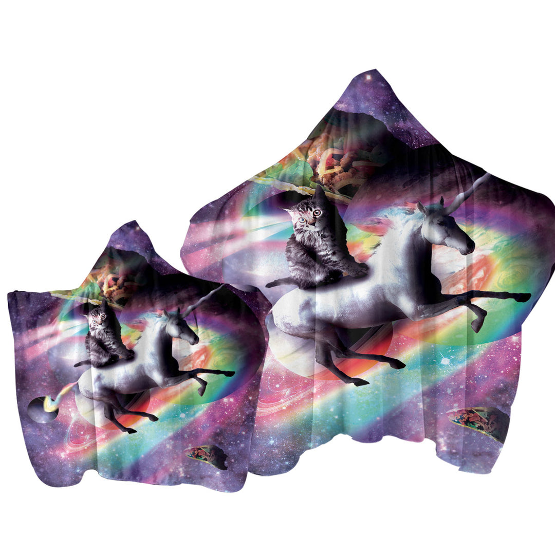 Towel with Hood with Crazy Funny Space Cat Riding Unicorn with Tacos and Rainbow