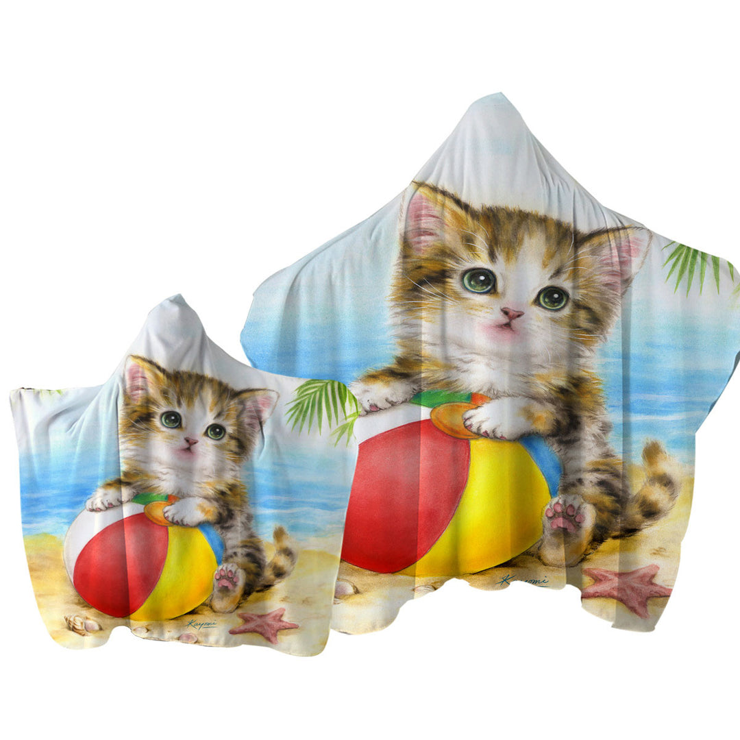 Towel with Hood with Cute Art Designs for Children Kitten Beach Time