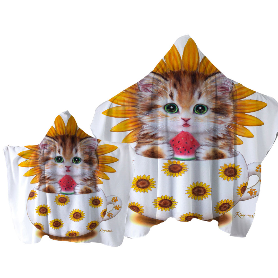 Towel with Hood with Cute Cat Art Paintings the Sunflower Cup Kitten