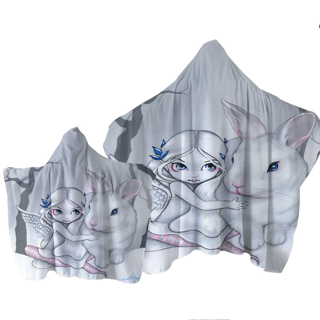 Towel with Hood with Cute Kids Drawing Winter Fairy and Snow Bunny