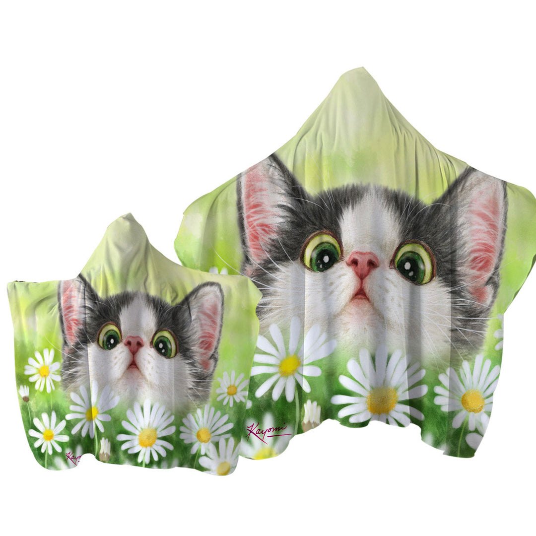 Towel with Hood with Cute Kitty Cat in the Daisy Flower Garden