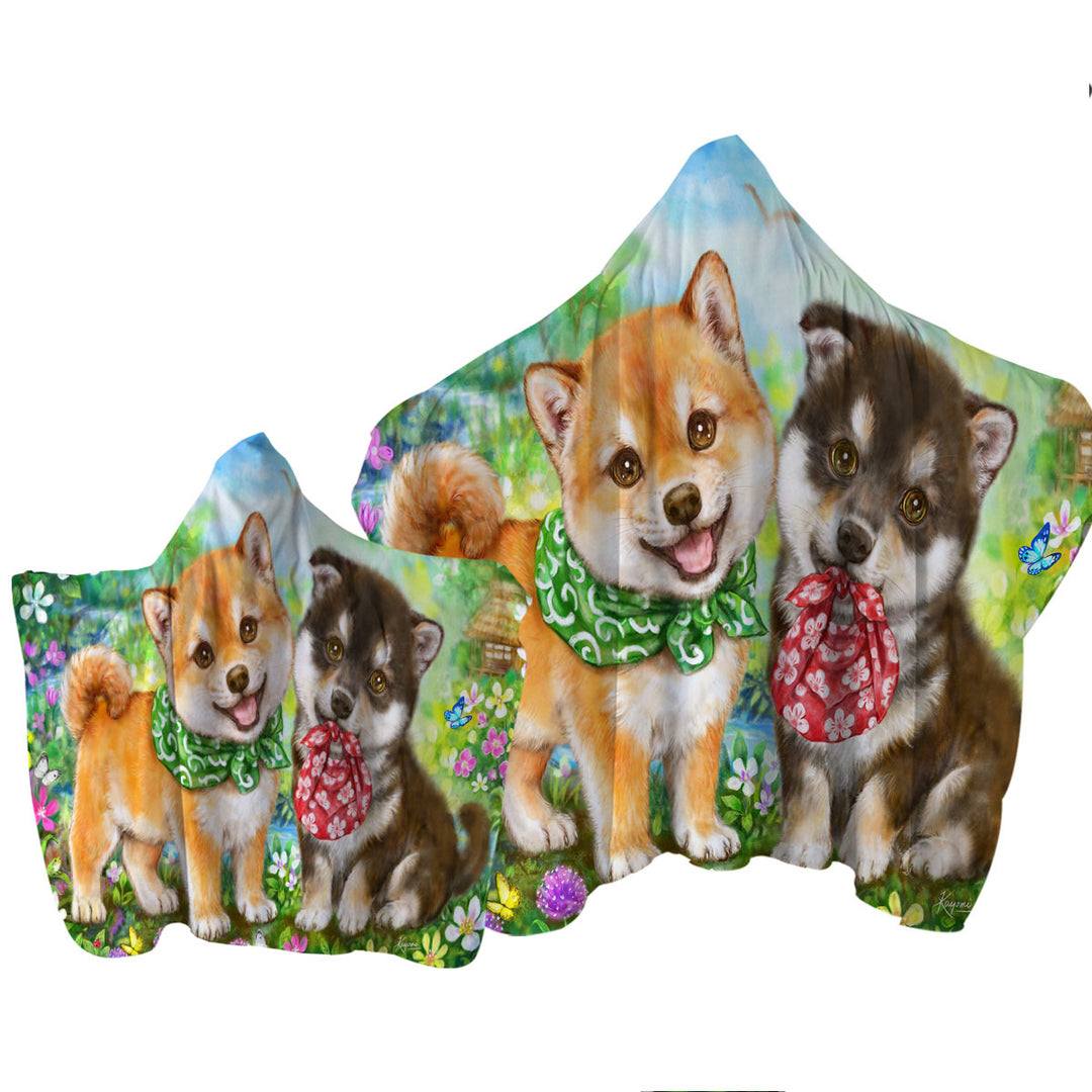 Towel with Hood with Cute Shiba Inu Dog Puppies in Flower Garden