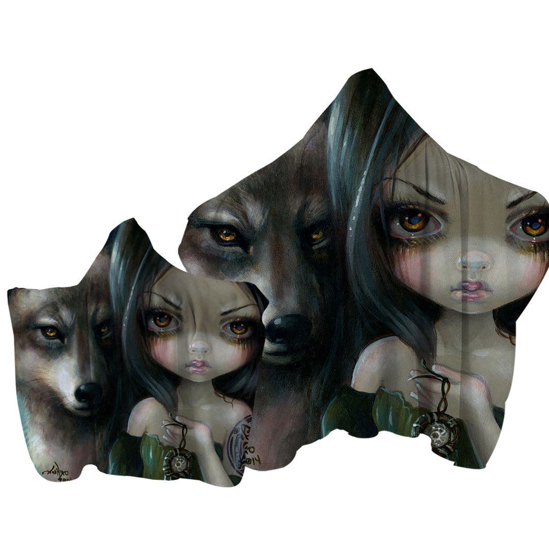 Towel with Hood with Faces of Faery _226 Native Goth Girl with Her Wolf