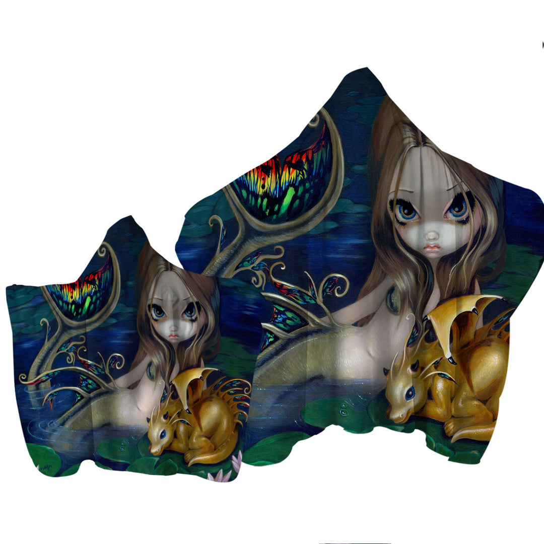 Towel with Hood with Fantasy Art Beautiful Mermaid with a Golden Dragon