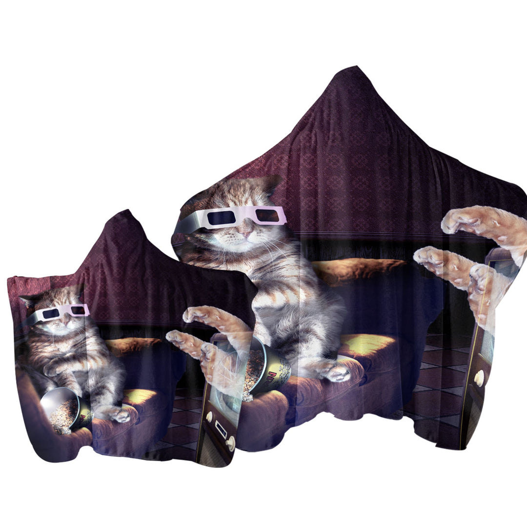 Towel with Hood with Funny Cat Watching a 3D Horror Movie Cool Art