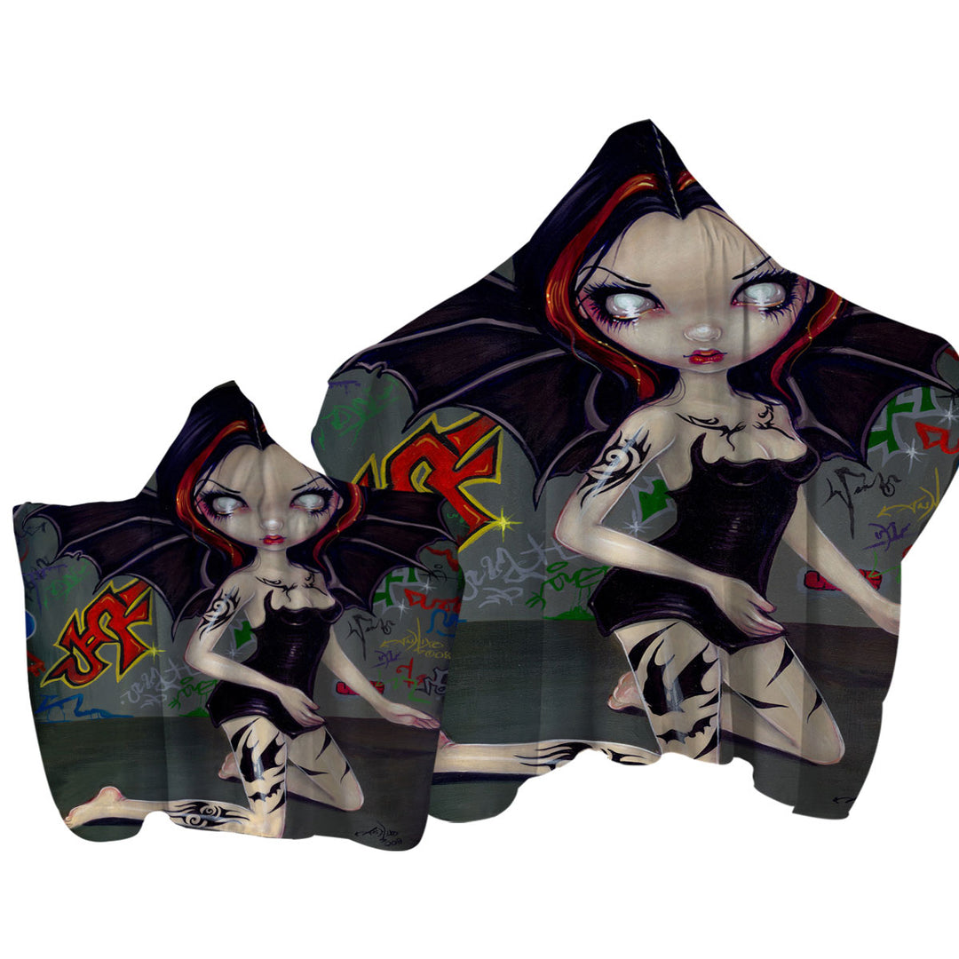 Towel with Hood with Goth Bat Fairy Girl with Bat Tattoos