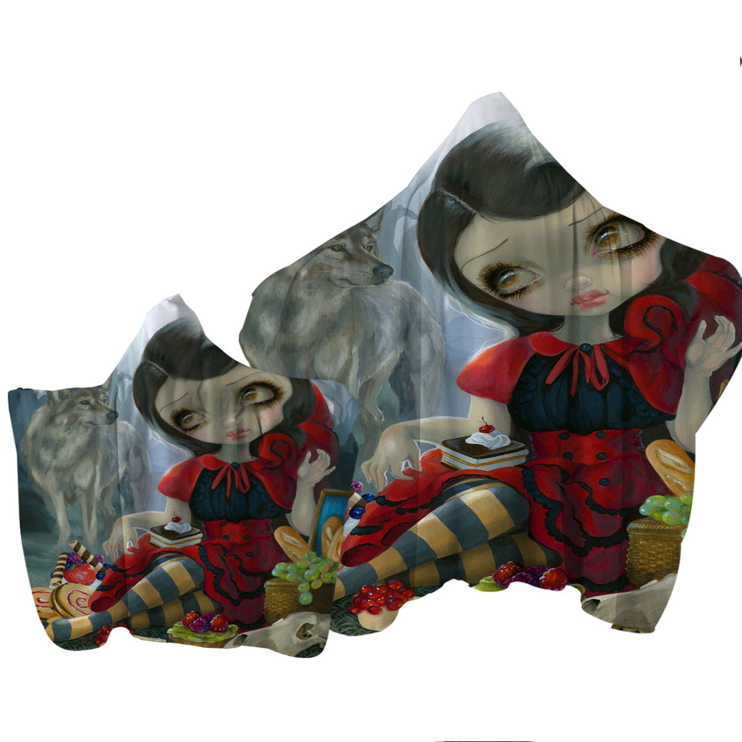 Towel with Hood with Gothic Style Wolf and Red Riding Hood Picnic