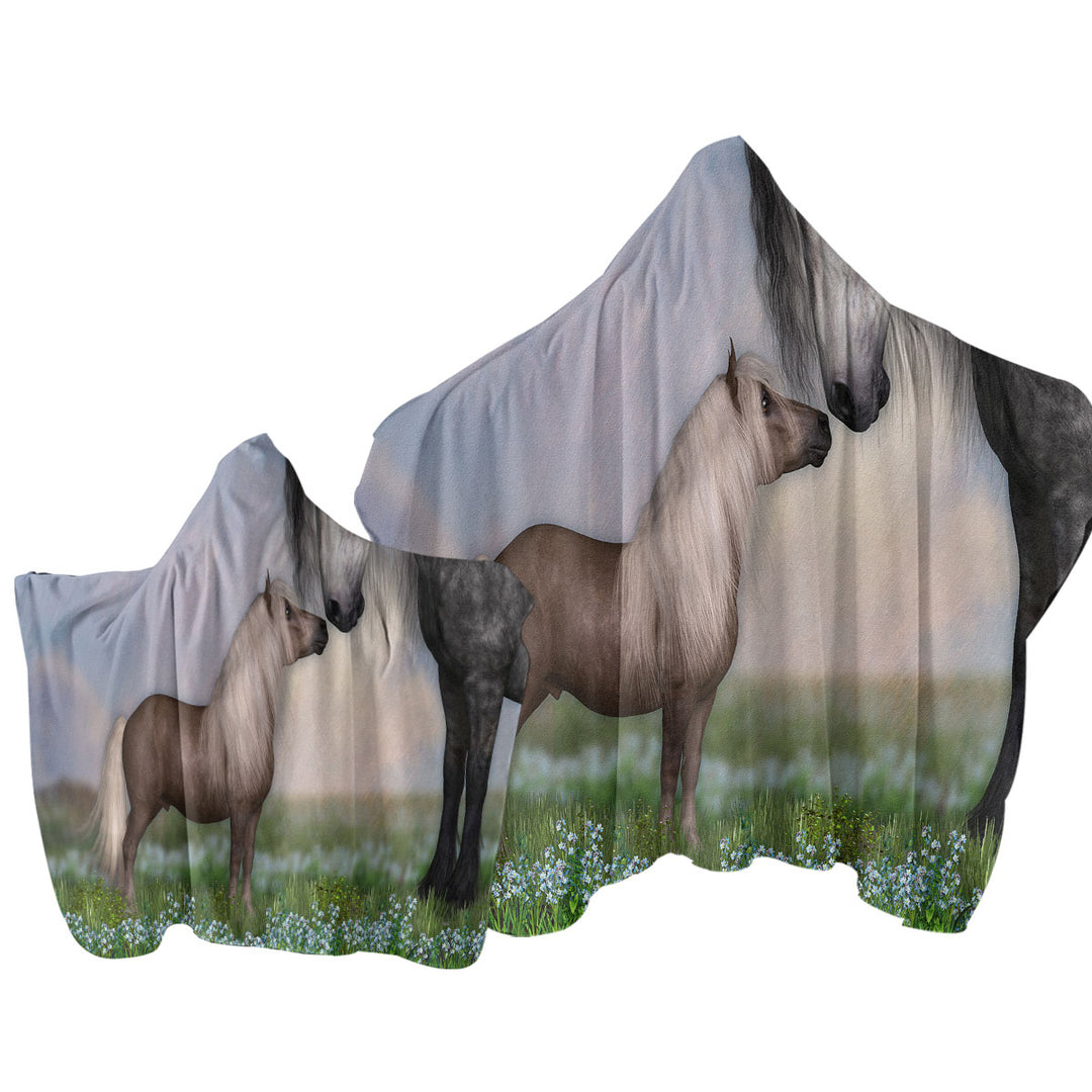 Towel with Hood with Horses Art Momma with Cute Foal in the Meadow