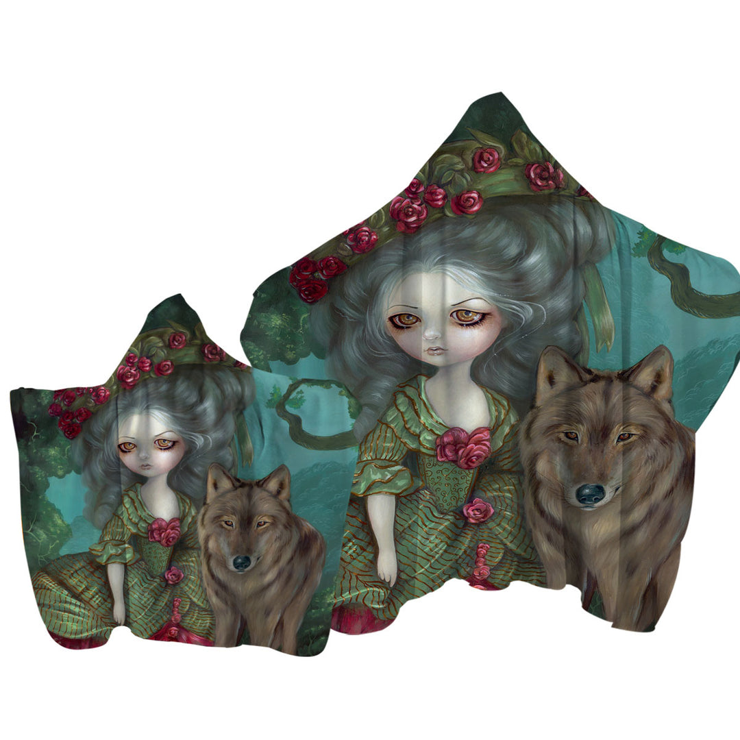 Towel with Hood with Loup Garou Forest Beautiful Girl and Her Wolf