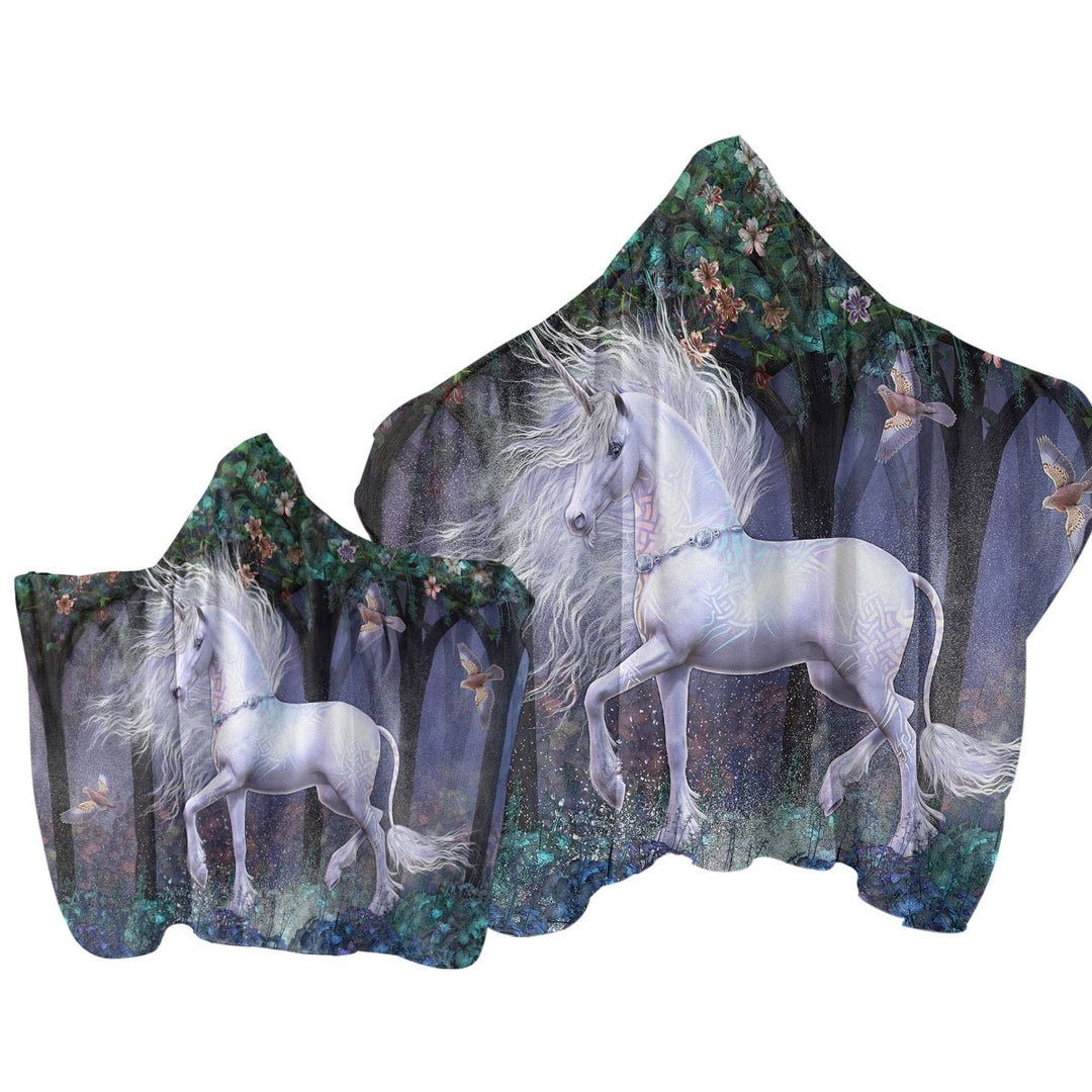 Towel with Hood with Magical White Unicorn and Birds Sacred Grove