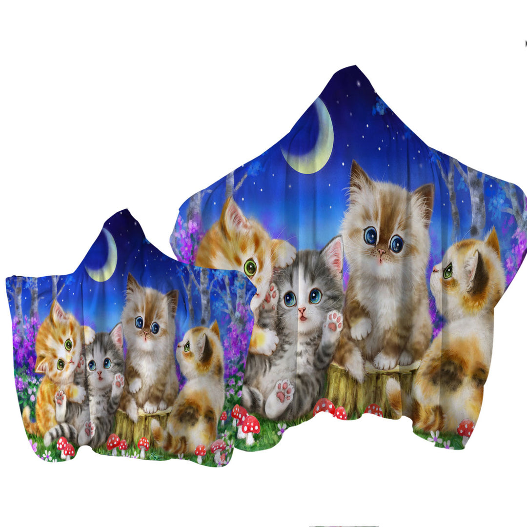 Towel with Hood with Moonlight Cats Cute Sweet Kittens in the Forest