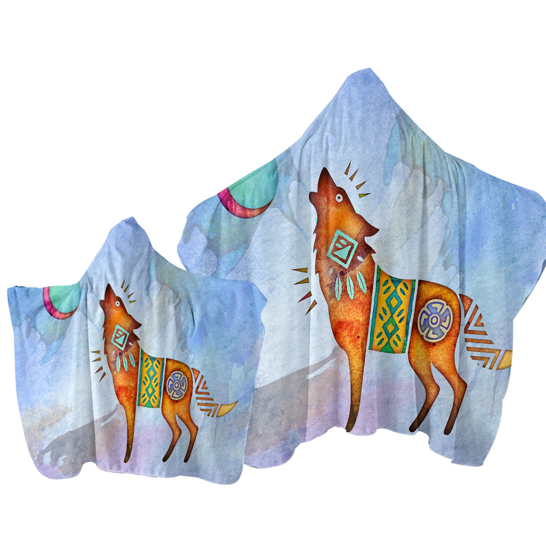 Towel with Hood with Native American Wild Animal Art Painted Wolf