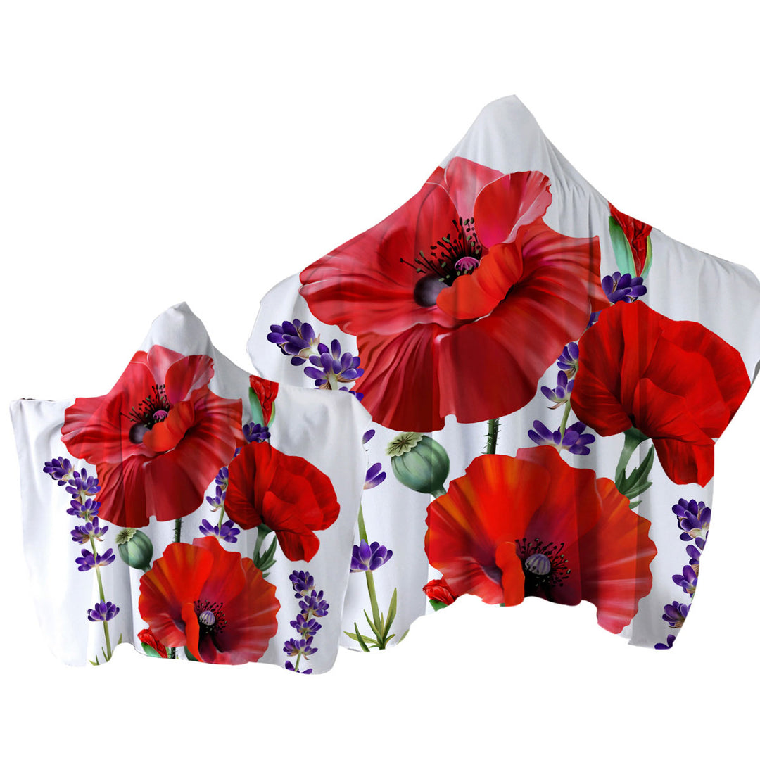 Towel with Hood with Red Poppy and Purple Lavender Flowers