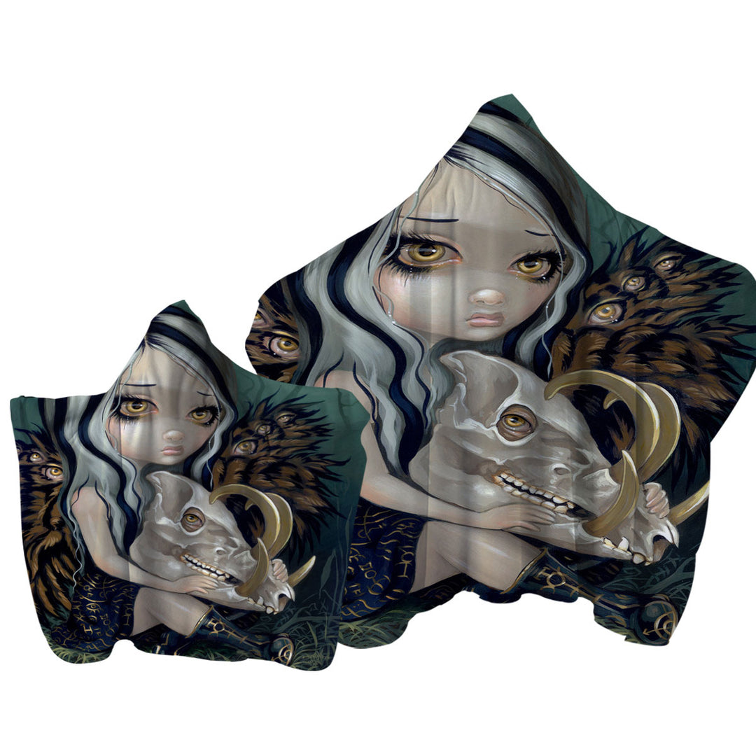 Towel with Hood with Scary Fantasy Art Girl and Babirusa Skull