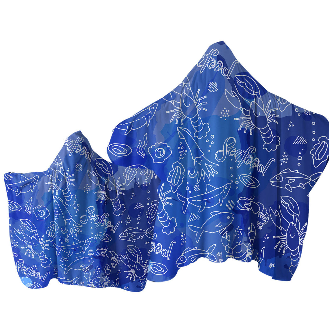 Towel with Hood with Seafood Pattern over Blue