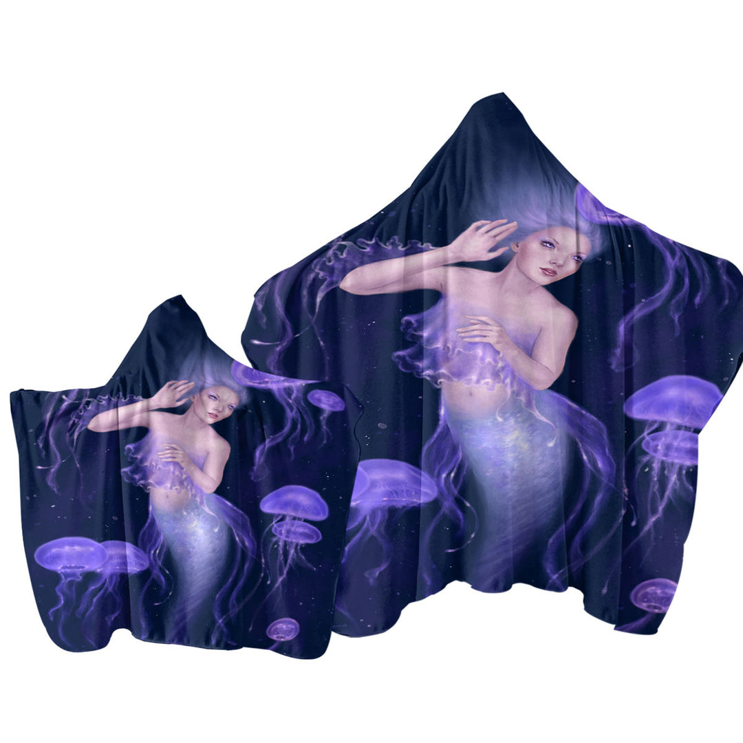 Towel with Hood with Underwater Art Purple Jellyfish and Mermaid