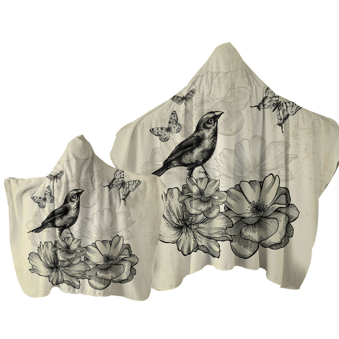 Towel with Hood with Vintage Drawing Bird Flowers Butterflies