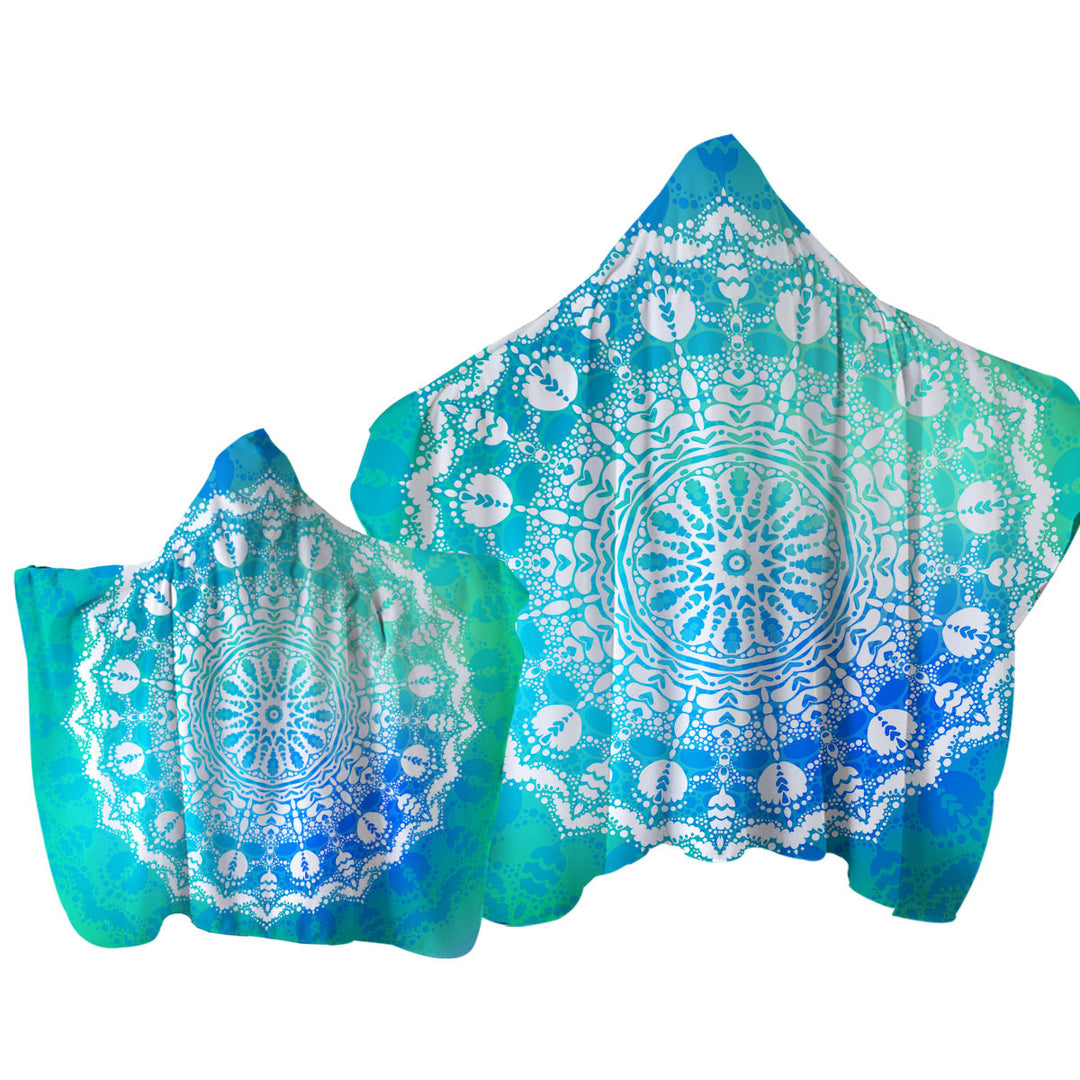 Towel with Hood with White Mandala over Bright Blue Green