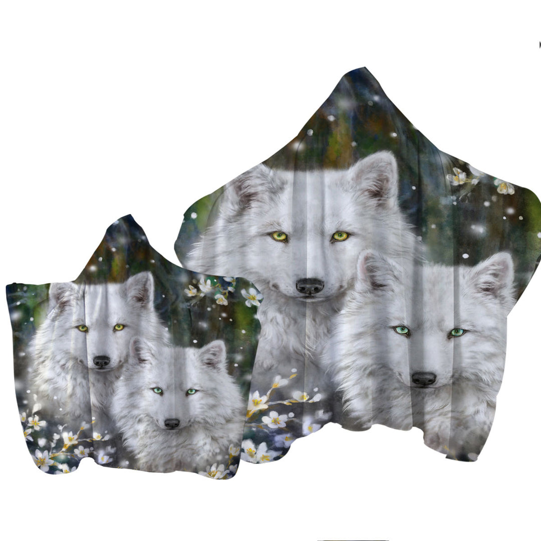 Towel with Hood with Wildlife Painting White Wolves and Flowers