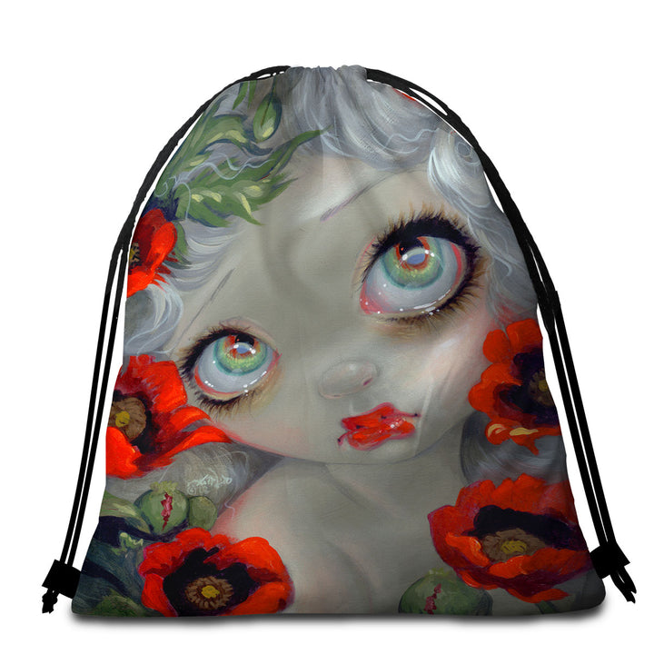 Travel Beach Towel with Poisonous Beauties Opium Poppy Girl and Flowers