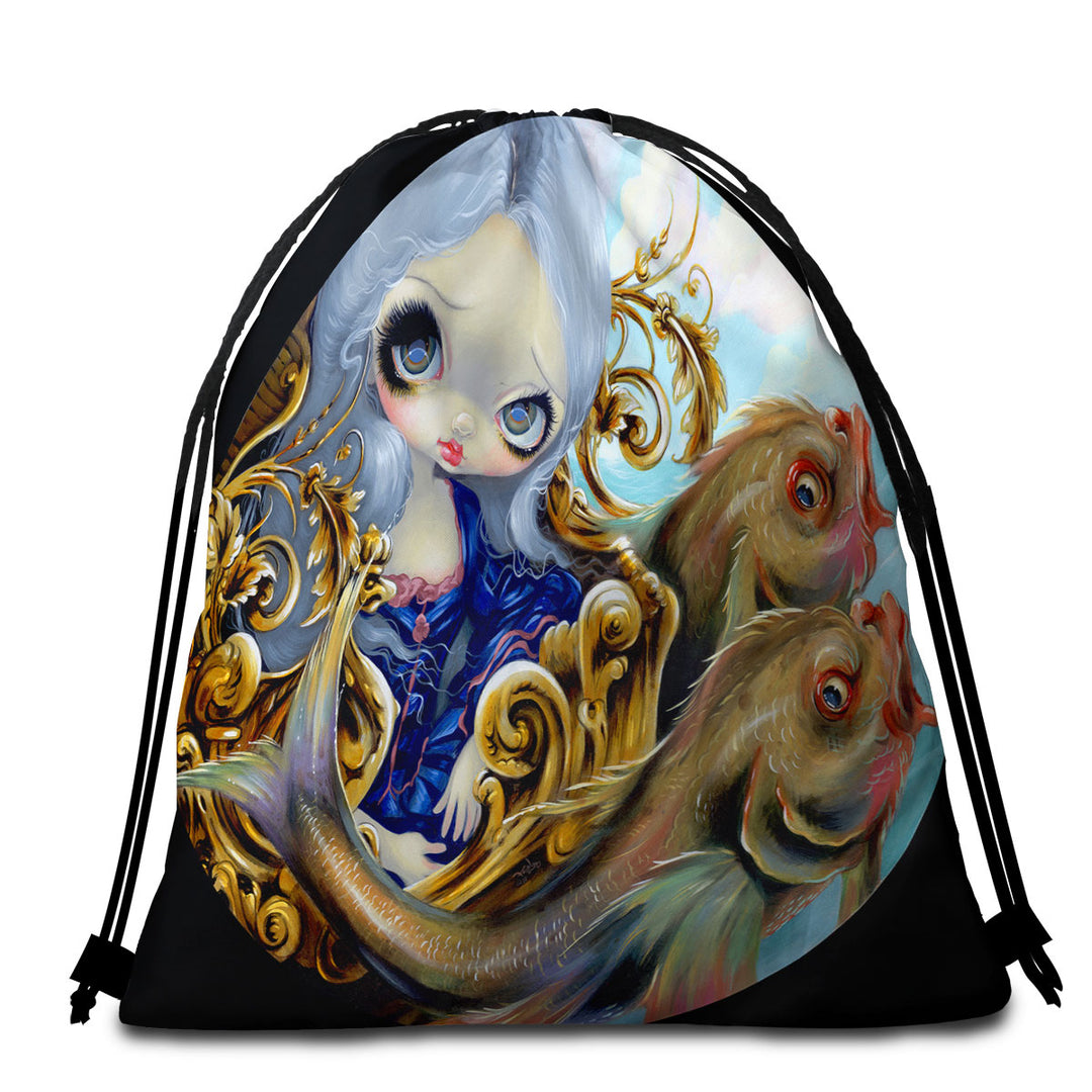 Travel Beach Towel with Sea Chariot Fish Transporting a Beautiful Maiden