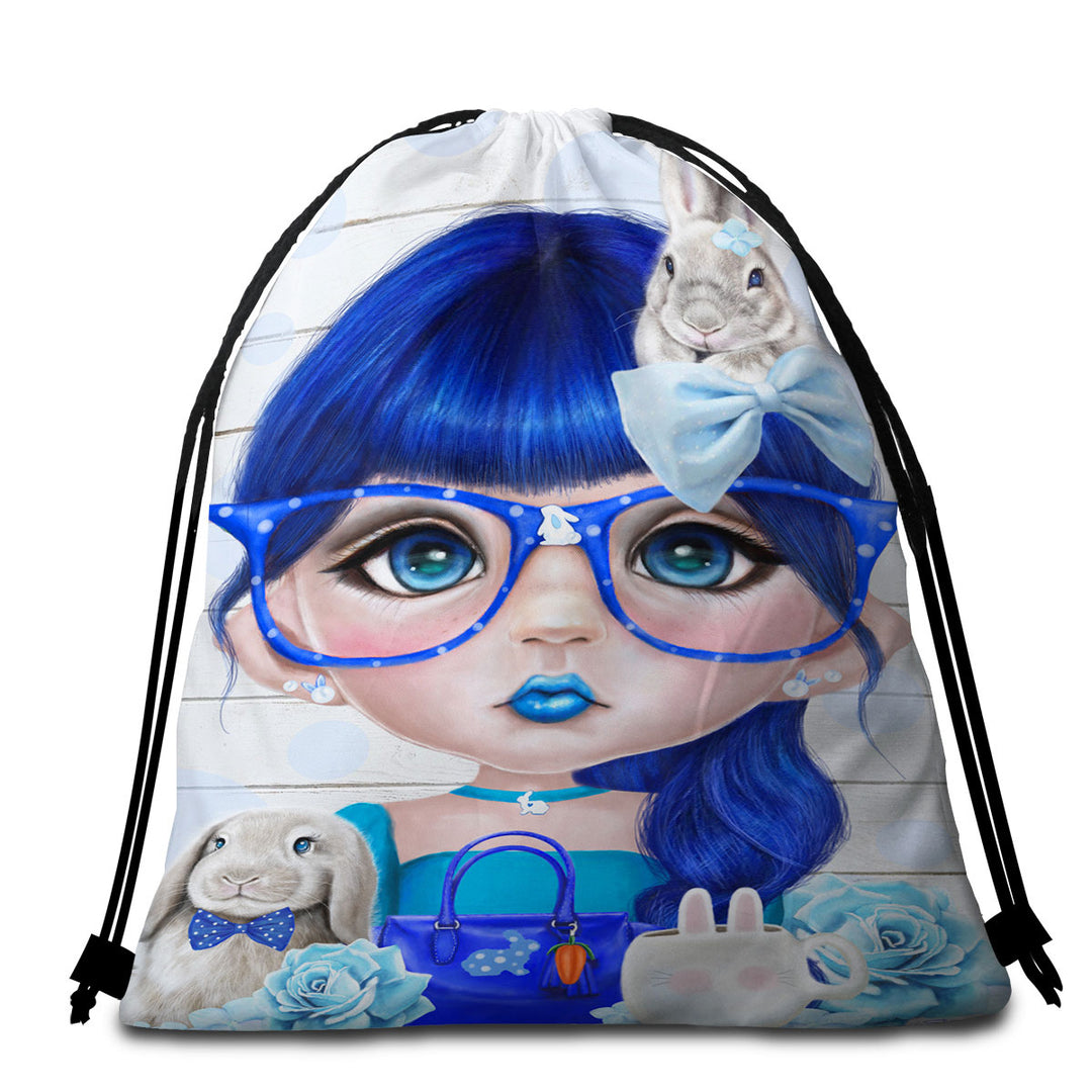 Trendy Beach Bags and Towels with Bunny loving Bethany Blue Girl