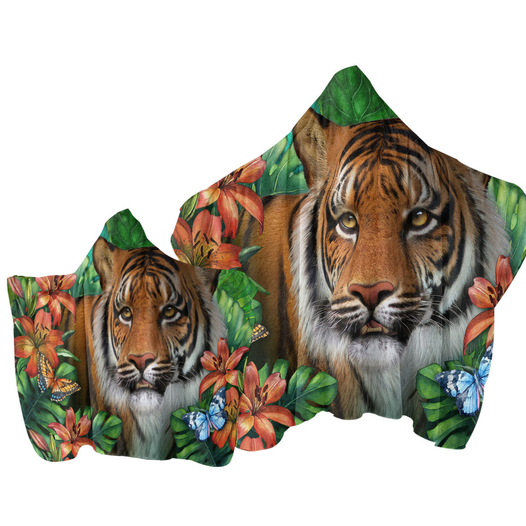 Tropical Flowers and Animals Wild Tiger Lily Hooded Beach Towel