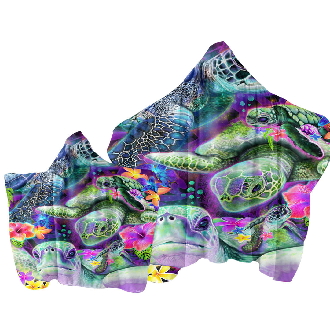 Tropical Flowers and Day Dream Sea Turtles Hooded Beach Towel