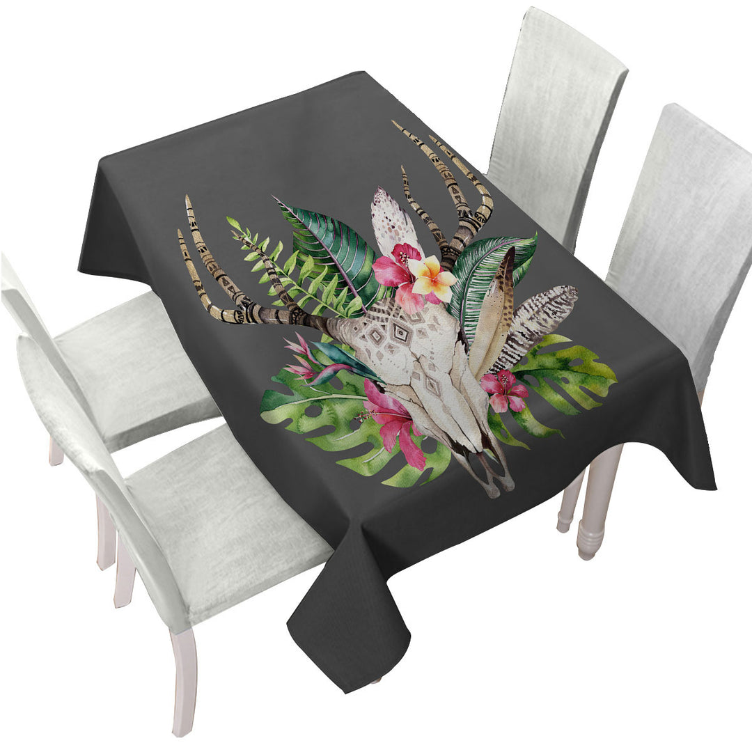 Tropical Flowers and Leaves Deer Skull Tablecloths