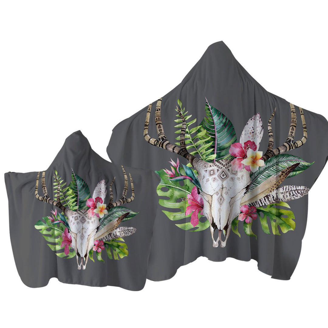 Tropical Flowers and Leaves Deer Skull Towel with Hood