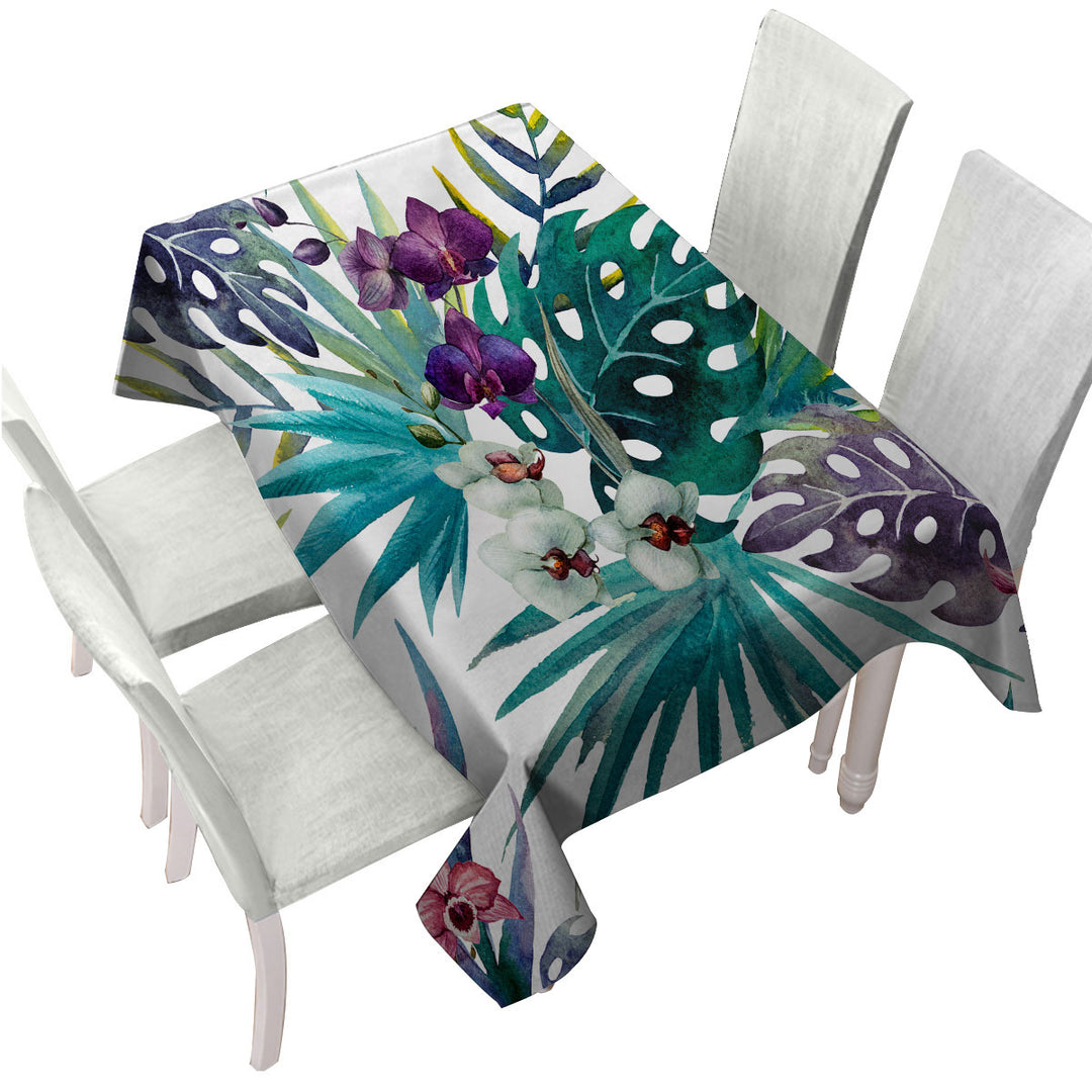 Tropical Leaves and Purple White Orchid Flowers Tablecloth