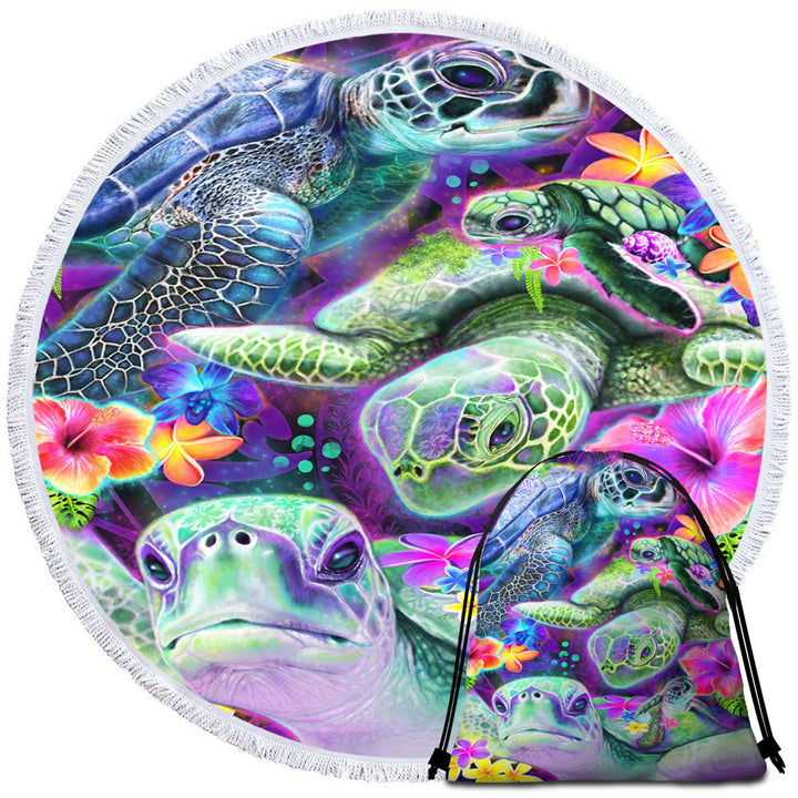 Tropical Round Beach Towel Flowers and Day Dream Sea Turtles