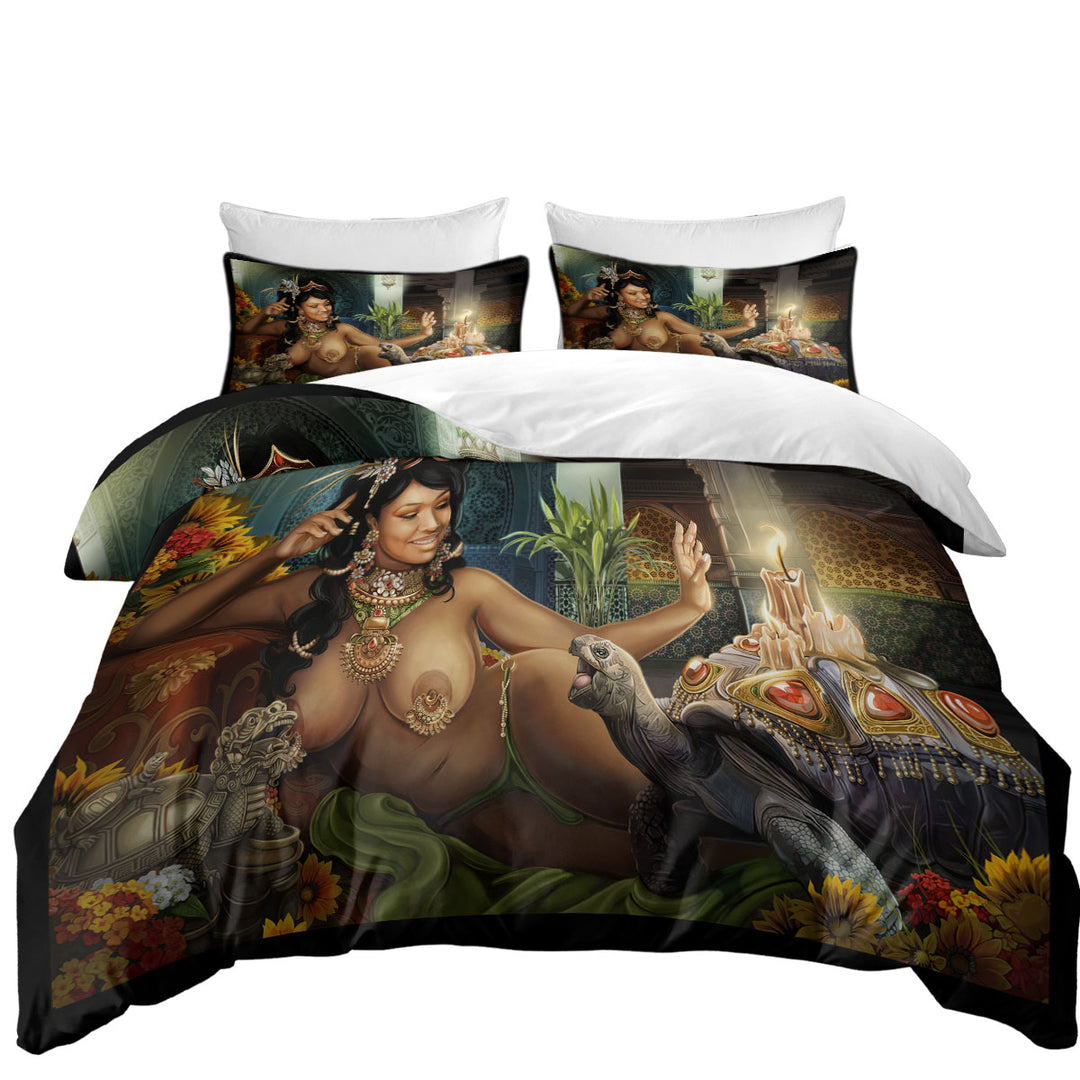 Tropical Sexy Girl and Tortoise King Duvet Cover set