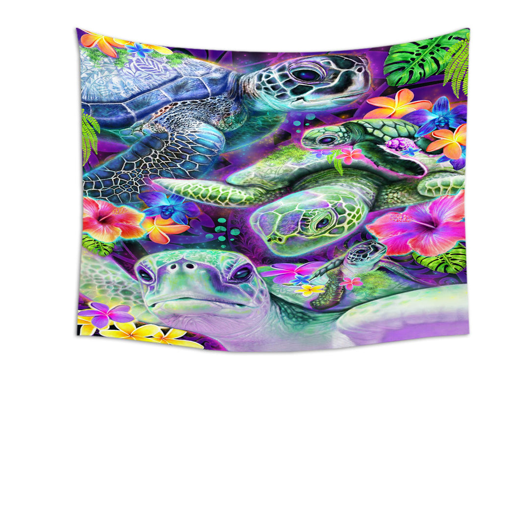 Tropical Wall Decor Flowers and Day Dream Sea Turtles Tapestry