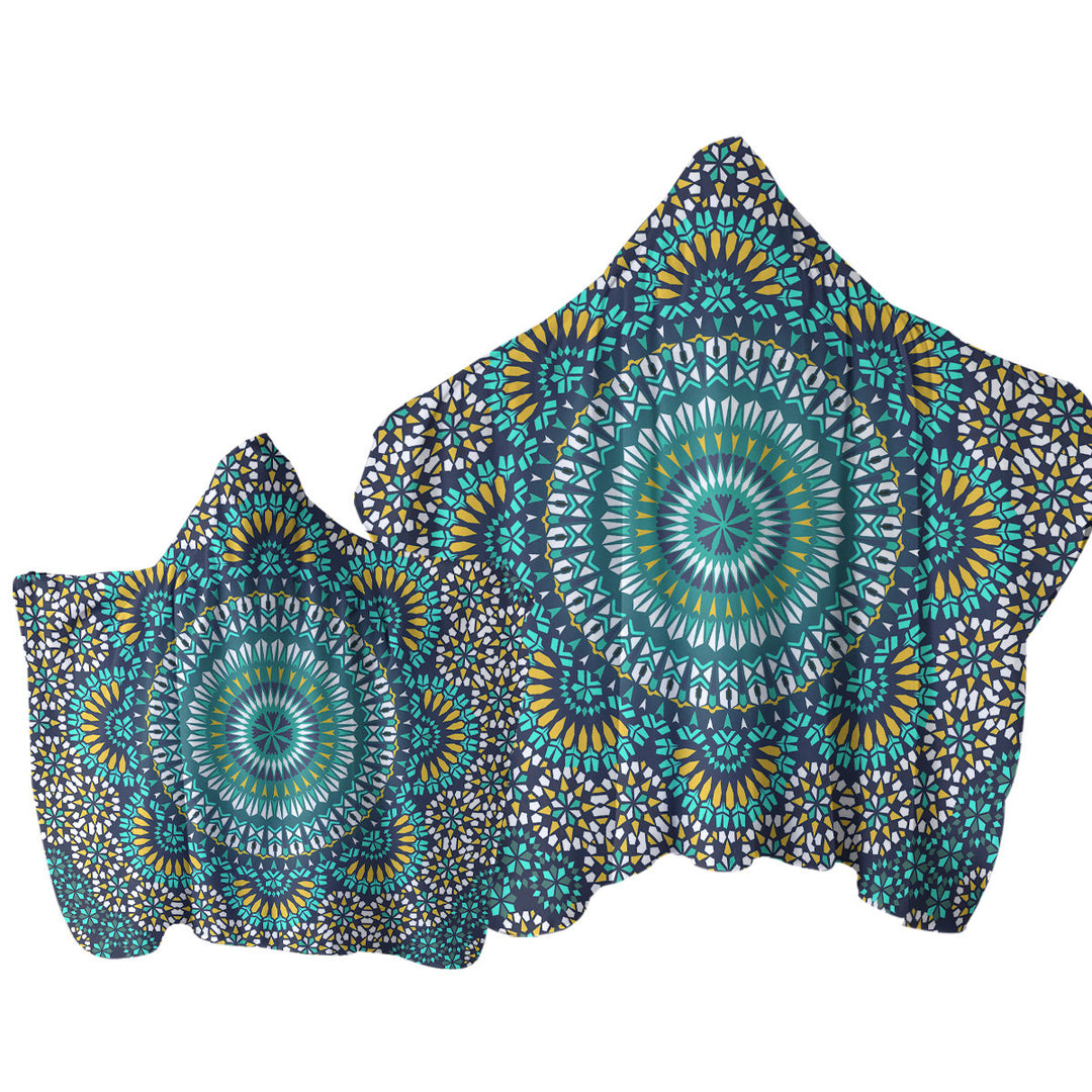 Turquoise White and Yellow Mandala Towel Hoodie