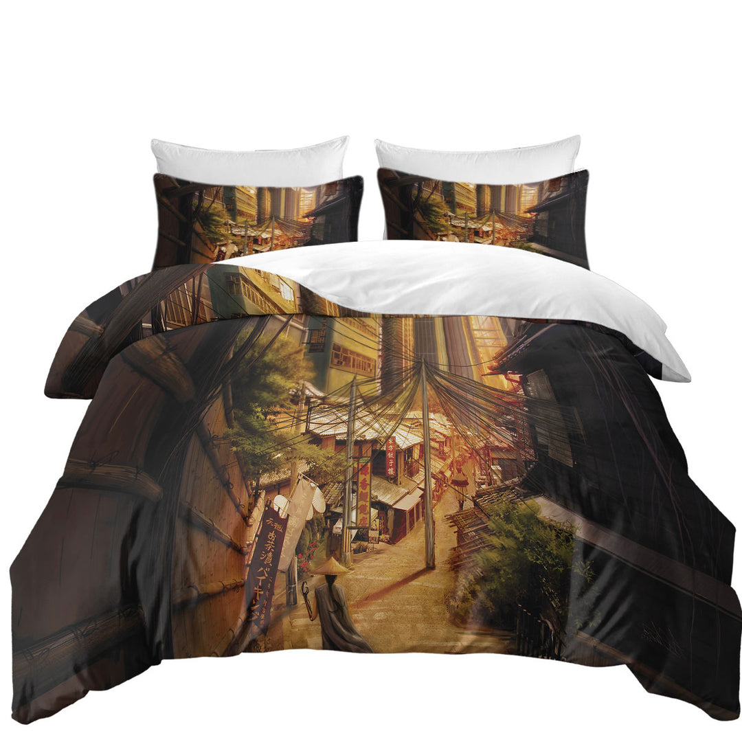 Twin Duvet Covers with Asian Art Painting Tokyo City Markets