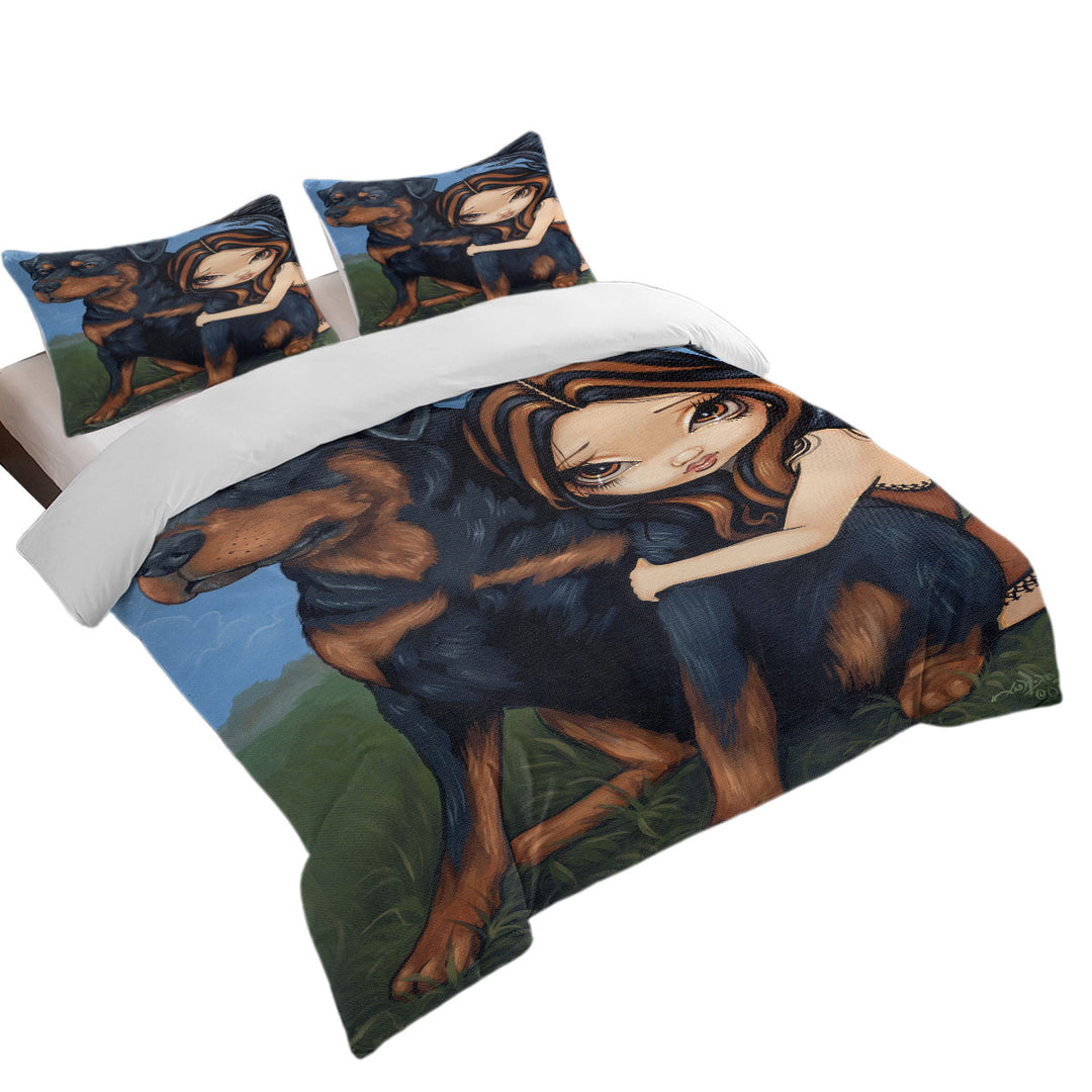 Twin Duvet Covers with Cute Fairy with a Rottweiler Dog