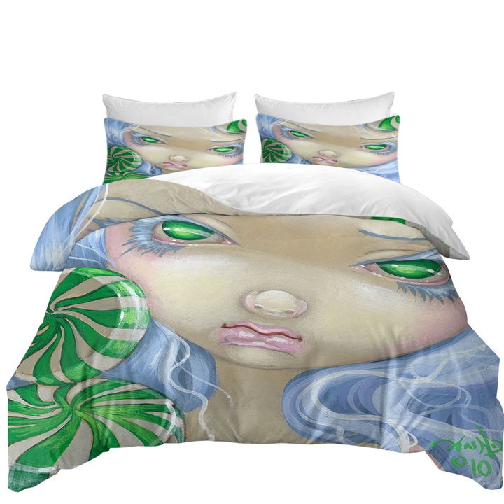 Twin Duvet Covers with Faces of Faery _85 Green Girl with Peppermint Candy