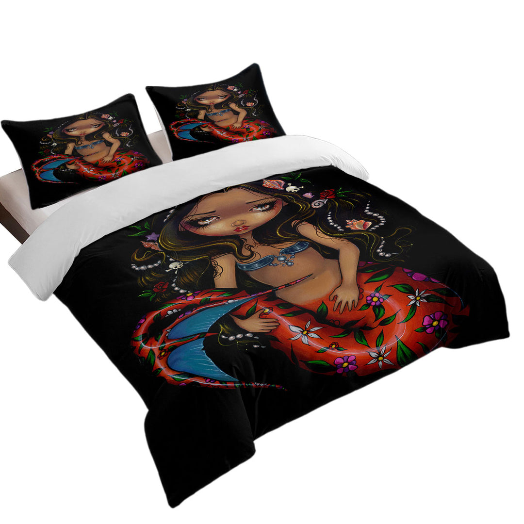 Twin Duvet Covers with La Sirena the Big Eyed Mermaid with a Floral Tail