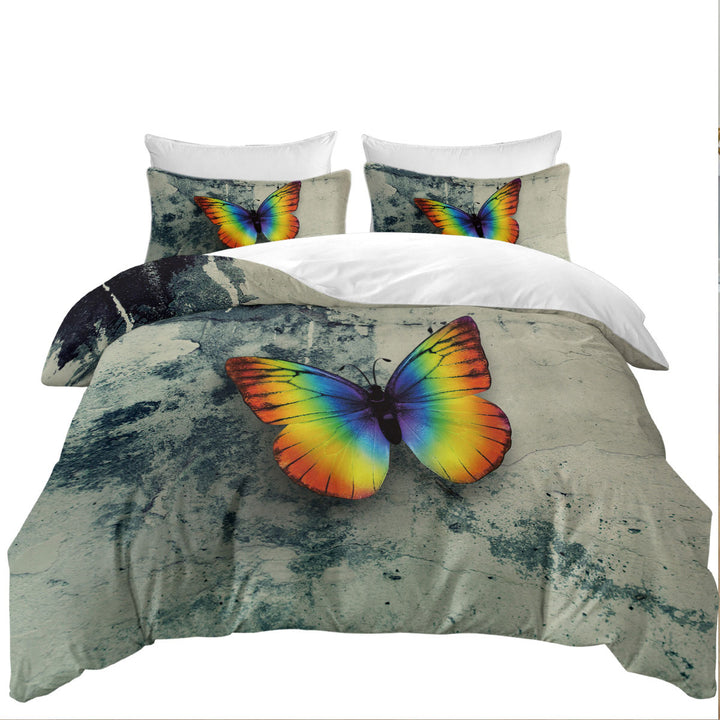 Twin Duvet Covers with Rainbow Butterfly Over Concrete