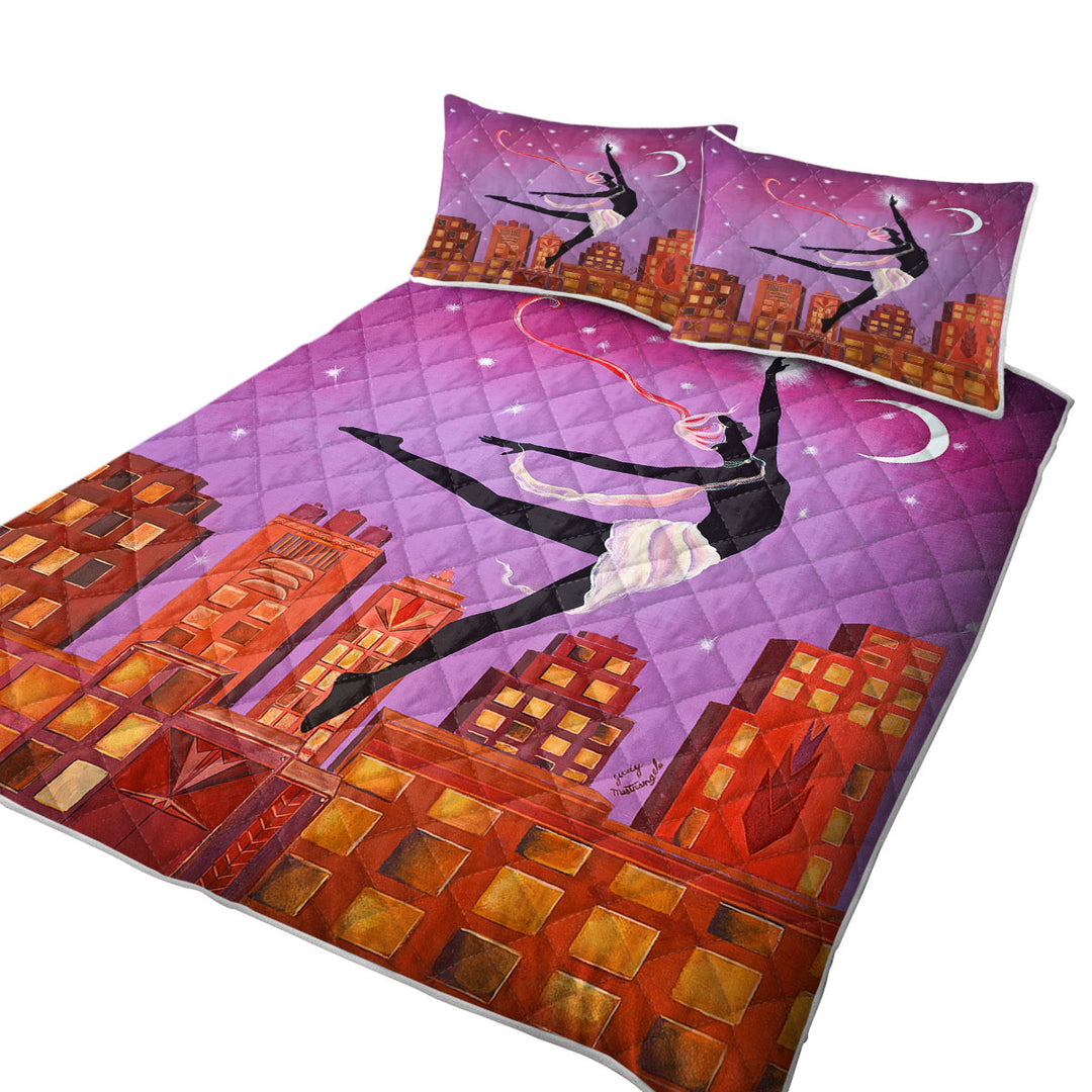 Twin Quilt with Art Deco Arabesque Night City Dancing Painting