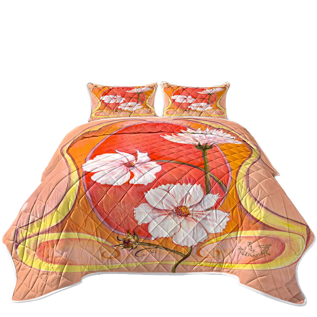 Twin Quilt with Art Deco Cosmos White Flowers