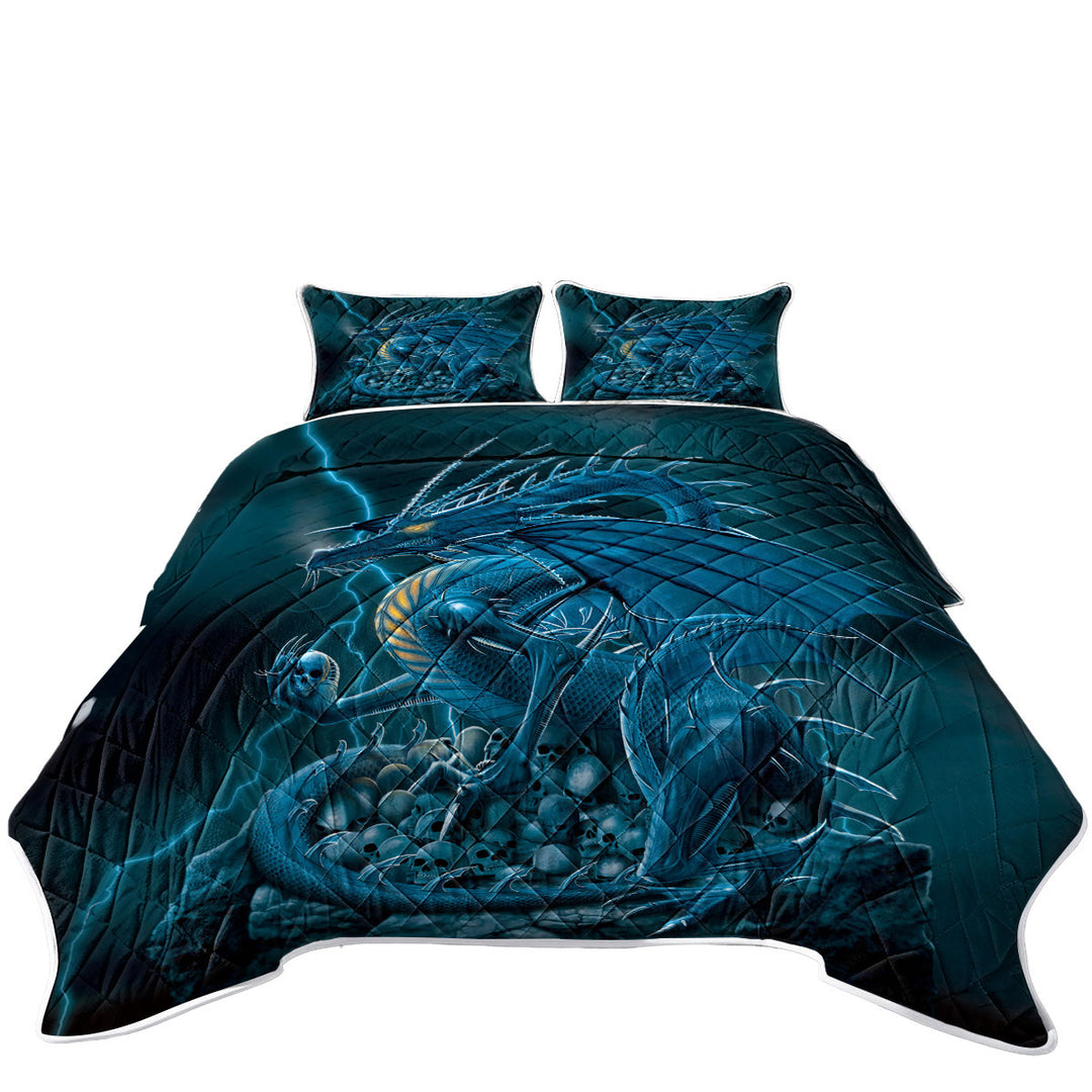 Twin Quilt with Fantasy Art Scary Human Skulls Blue Dragon