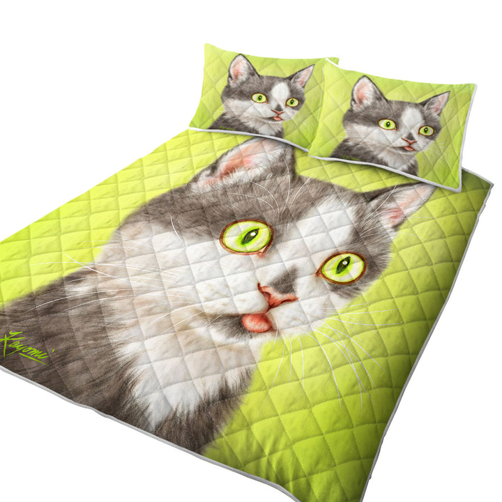 Twin Quilt with Yearning Grey Kitty Cat