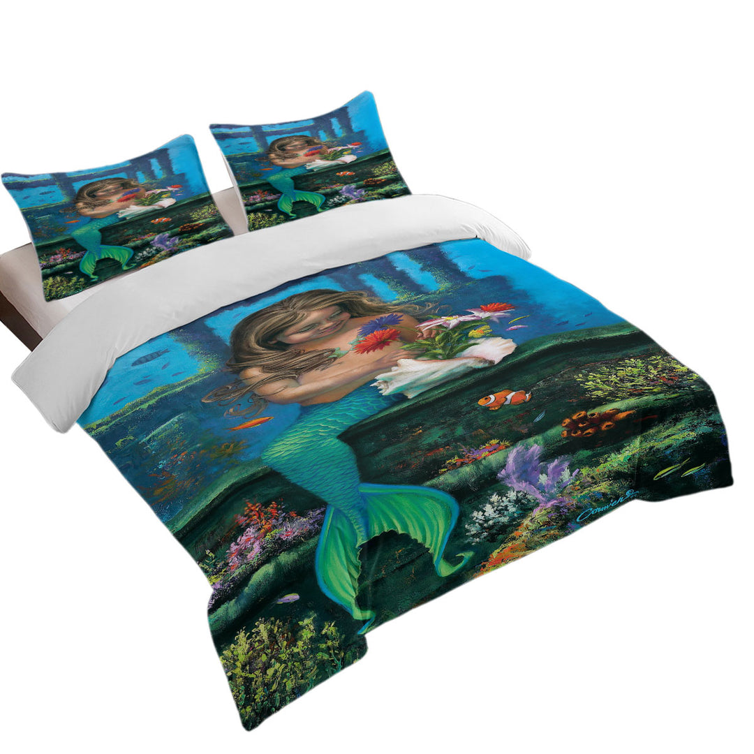 Twin xl Duvet Covers with Cute Girl Mermaid and Underwater Flowers