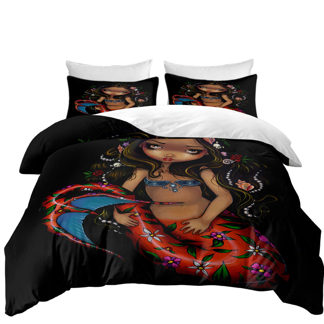 Twin xl Duvet Covers with La Sirena the Big Eyed Mermaid with a Floral Tail